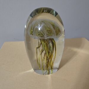 Glass Jellyfish Paperweight with Yellow Accents 6 Inches Tall